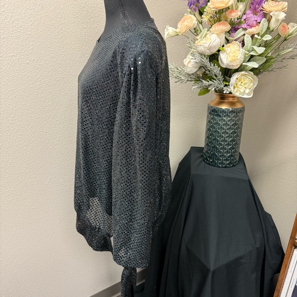 R&K Evenings Black Sequin Metallic Blouse 20W Long Sleeve Party Holiday Top - Picture 3 of 8